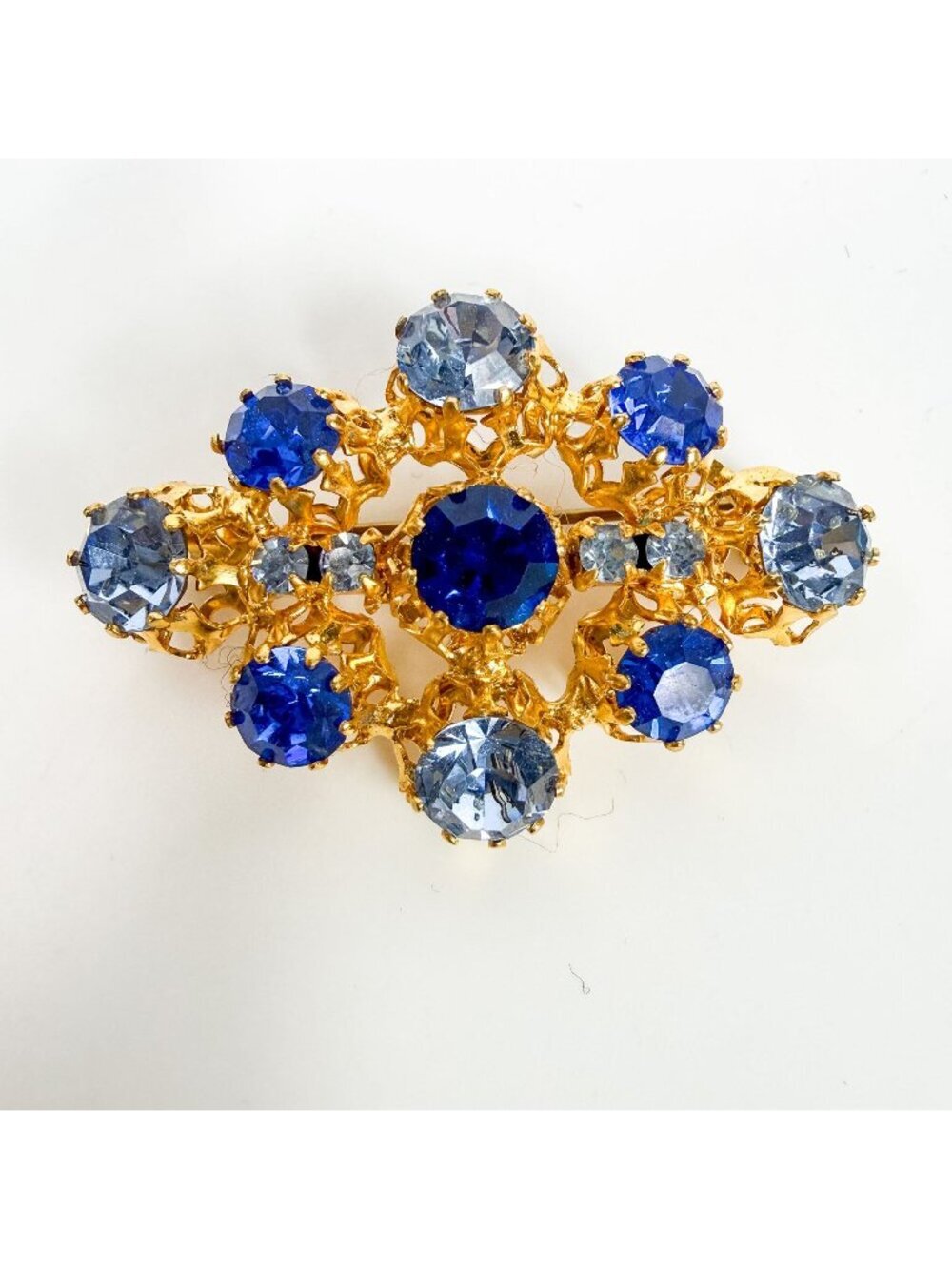 Vintage Gold Tone Diamond Shaped Blue Aqua Prong Set Rhinestones Austria
